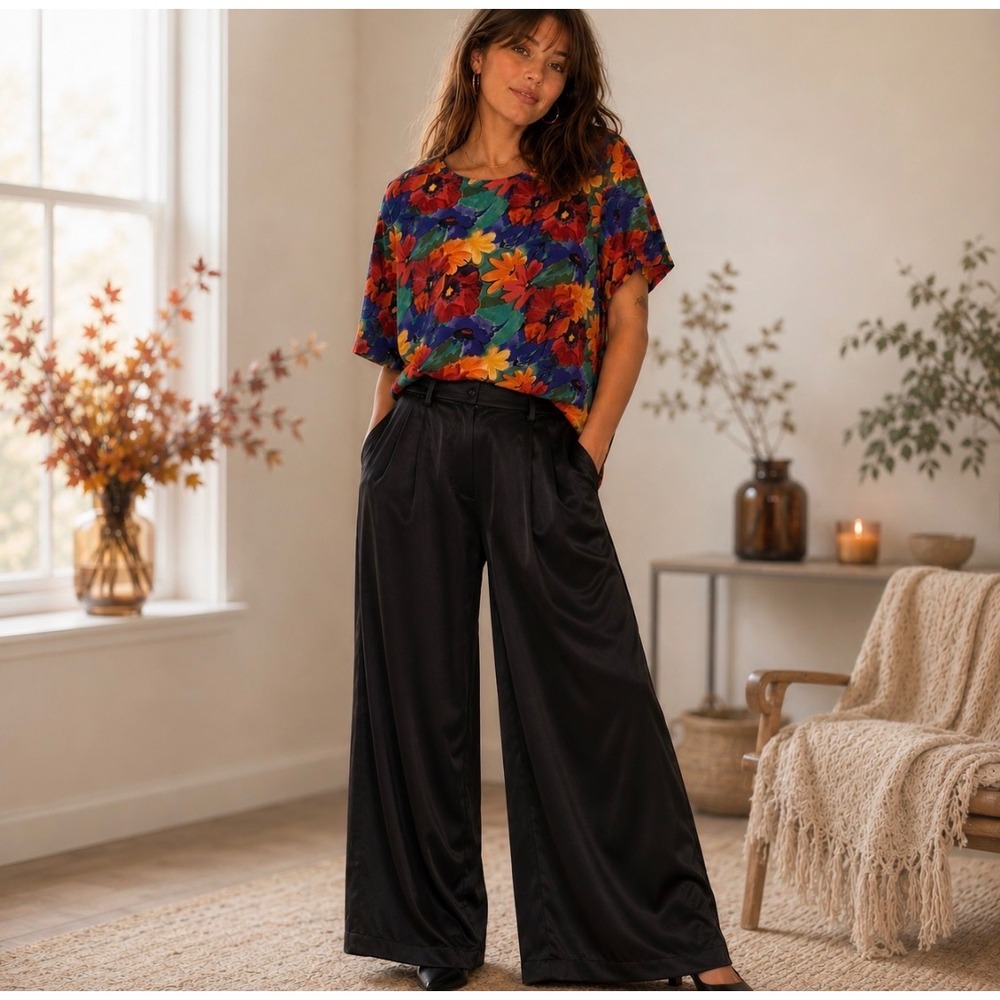 Vtg Christy & Jill 100% Silk Blouse Womens M Bold Floral Colorful 90s Eclectic